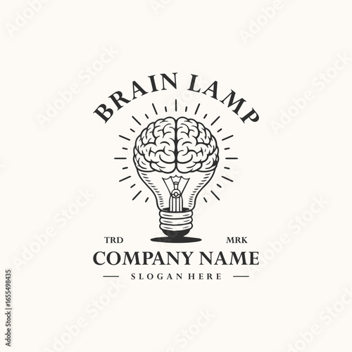 Brain lamp logo with vintage creative flair, symbolizing bright ideas, wisdom, and timeless innovation.