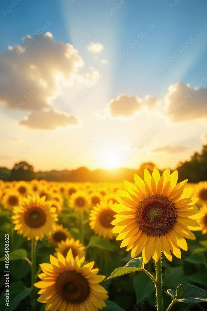 Fototapeta premium Golden hour sunlight bathes a vibrant yellow field of sunflowers, creating a breathtaking scene of natural beauty and warmth Perfect for summer, nature, and growth themes , plant, beautiful