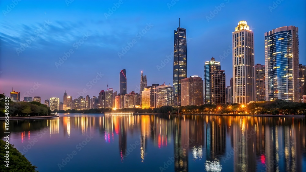 Naklejka premium City skyline reflects in water at dusk with illuminated buildings
