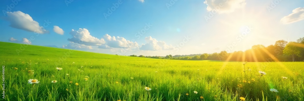 Obraz premium Golden sunlight bathes a lush green pasture, wildflowers dotting the landscape under a clear blue sky Perfect for idyllic, rural, or springtime themes , wildflowers, spring, sheep