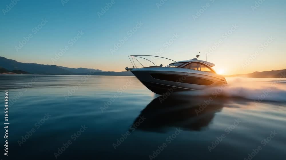 A modern motorboat glides across calm waters at sunrise, creating a smooth path with blue skies, mountain reflections, a peaceful outdoor adventure, and a serene view. 4k video
