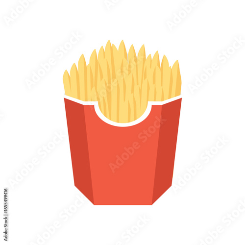 
Crispy french fries in a red carton. French fries packaging. Fast food. Potato snack. Delivery french fries