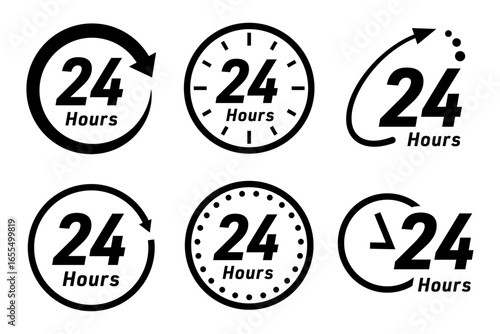 24時間サービス アイコンセット（時計・営業・サポートのシンボル ベクター 編集可能）