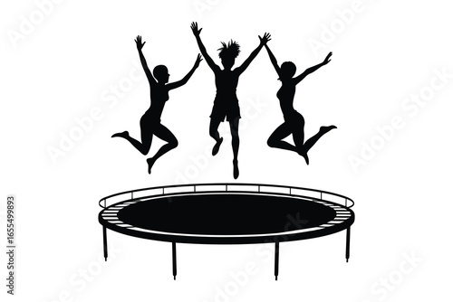 Three people jumping on a trampoline silhouette isolated on white background