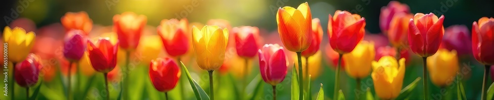 Vibrant tulips in a lush spring garden bursting with color; sunlit petals, fresh green leaves, a symphony of springtime blooms , floral, detail, flowers Vibrant tulips in a lush spring garden bursting with color; sunlit petals, fresh green leaves, a symphony of springtime blooms , floral, detail, flowers