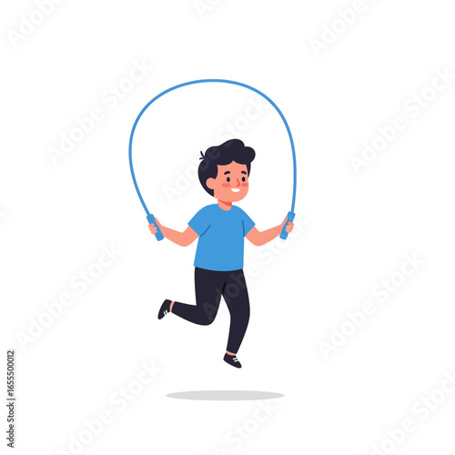 A cheerful cartoon boy in a blue shirt joyfully jumping with a blue skipping rope.