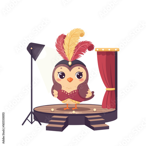 A cute cartoon owl in a showgirl costume with a feathered headdress performs on a wooden stage under a spotlight.