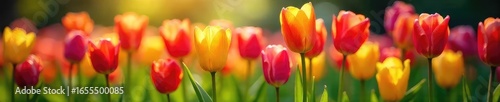 Vibrant tulips in a lush spring garden bursting with color; sunlit petals, fresh green leaves, a symphony of springtime blooms , floral, detail, flowers