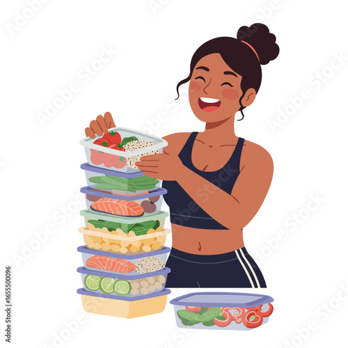 A smiling woman happily organizes a tall stack of healthy meal prep containers filled with nutritious food.