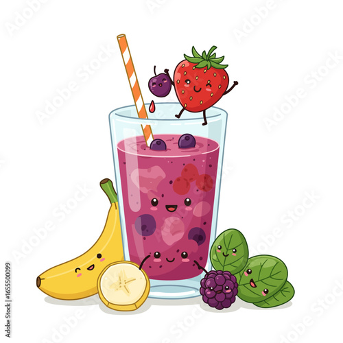 A cute kawaii smoothie in a glass surrounded by happy, smiling fruit and vegetable characters.
