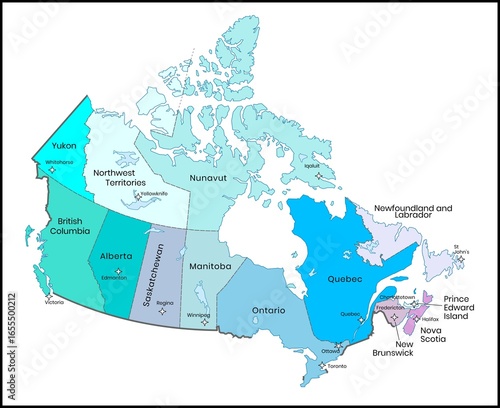 Photography Colorful political map of Canada showing provinces, territories, and capital cities