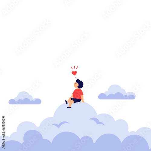 A young person sits peacefully on a fluffy cloud, looking up at a glowing red heart, surrounded by soft, ethereal clouds and distant birds.