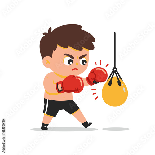 A determined cartoon boy wearing red boxing gloves and black shorts practices punching a yellow hanging bag.