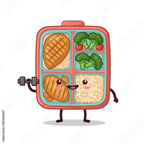 Cartoon lunchbox character holding a dumbbell, showcasing healthy food portions for fitness.