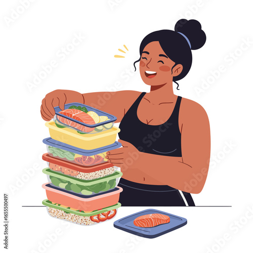 A happy woman in sportswear stacking a large pile of healthy, pre-prepared meal prep containers.