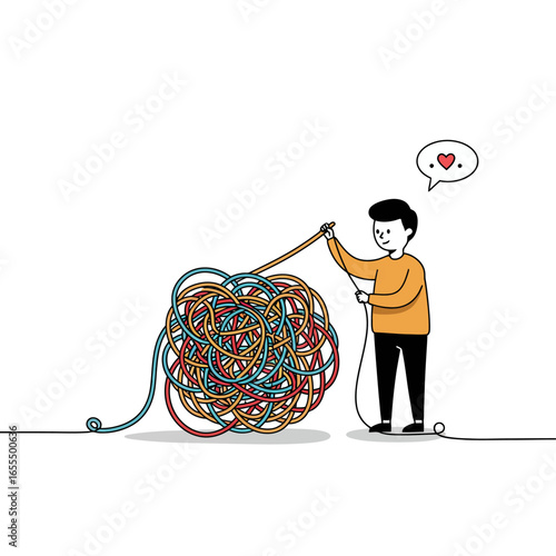 A man patiently untangling a large, colorful ball of threads, symbolizing problem-solving and clarity.
