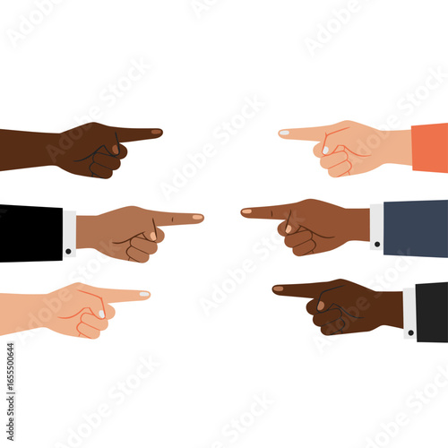 Diverse hands pointing at each other, symbolizing conflict or disagreement.