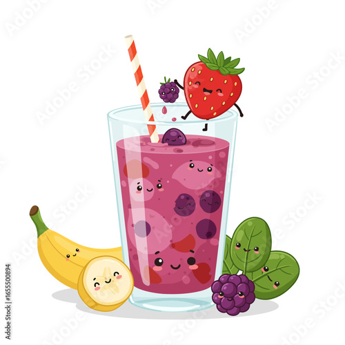 Cute cartoon fruit smoothie with happy characters, including a strawberry, banana, and blackberries.