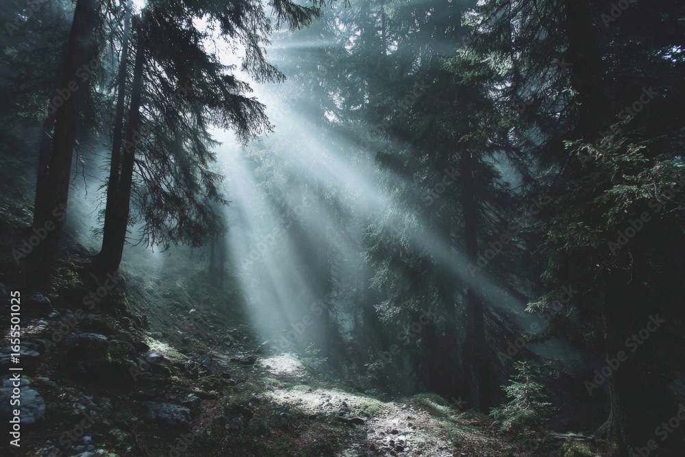 Obraz premium Forest clearing with a mystical light beam shining from above, creating a magical and atmospheric natural scene.