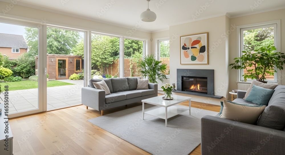 Obraz premium Bright living room with garden view
