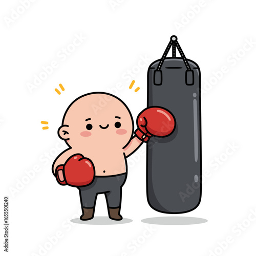 A cute bald cartoon character wearing red boxing gloves smiles next to a black punching bag.