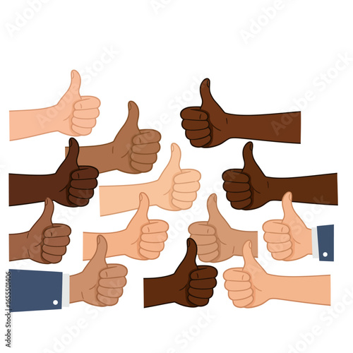 Diverse hands giving thumbs up, representing approval and agreement with positivity.