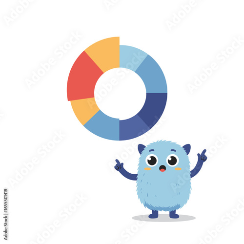 A cute blue monster examines a colorful pie chart, seemingly puzzled or intrigued by the data.