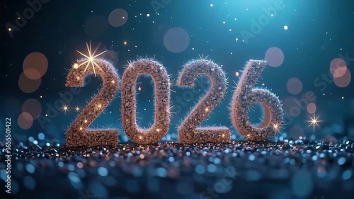Sparkling 2026 New Year scene with glittery numbers, festive lights, bokeh background, and celebratory atmosphere

