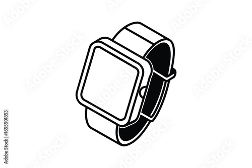 Simple outline sketch of a square smartwatch silhouette isolated on white background