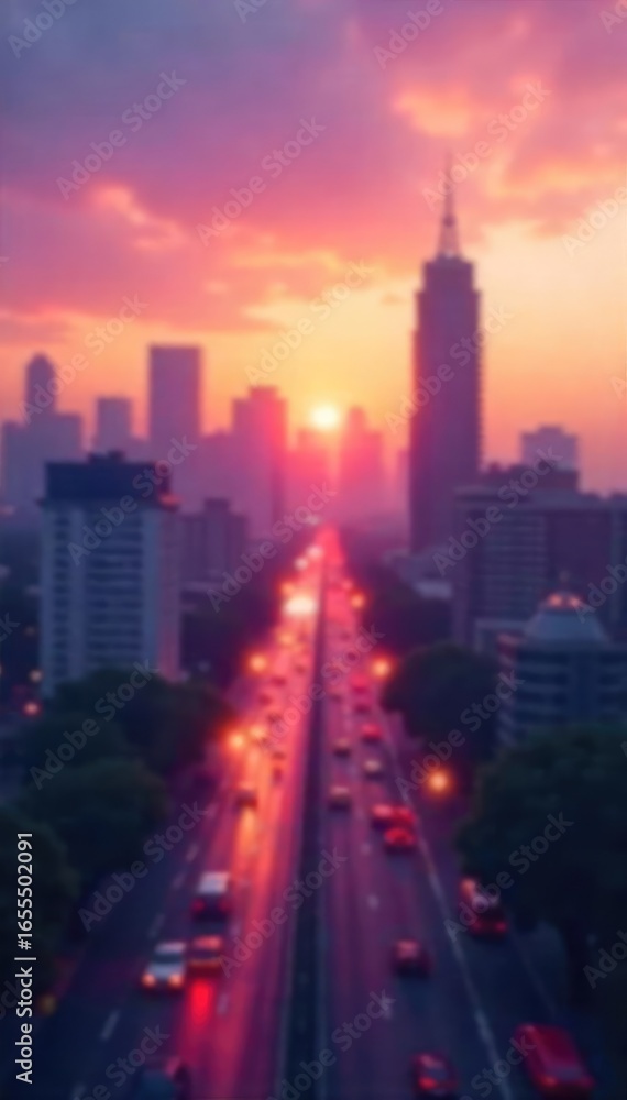 Obraz premium Abstract blurred cityscape at dawn, soft focus, hazy light, dreamy atmosphere, perfect for website backgrounds, presentations, or design projects , subtle, sunrise