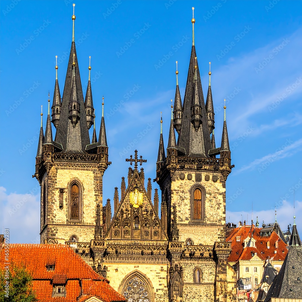 Fototapeta premium Two Gothic church towers against a clear sky