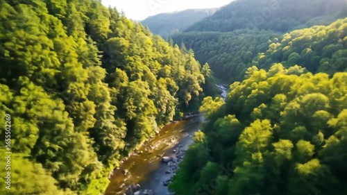 Breathtaking Aerial View of a Lush Green Forest with a Flowing River, Capturing Nature's Splendor in a Serene Landscape showcasing a vibrant panorama