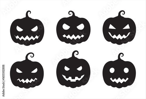 A collection of Halloween pumpkin icons with scary face variations in a simple vector design. This set includes pumpkins with angry eyes, creepy smiles, sharp teeth, and funny yet spooky expressio