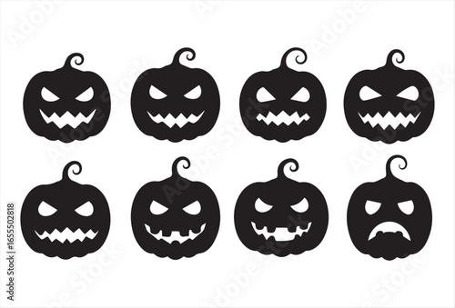 A collection of Halloween pumpkin icons with scary face variations in a simple vector design. This set includes pumpkins with angry eyes, creepy smiles, sharp teeth, and funny yet spooky expressio