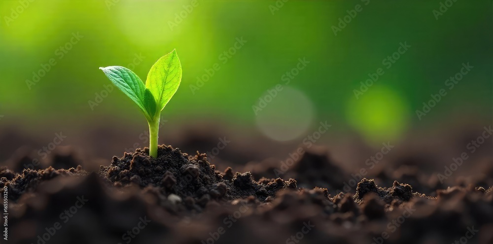 Fototapeta premium Vibrant Green Sprout Emerging from Rich Soil A Symbol of Renewal and Growth