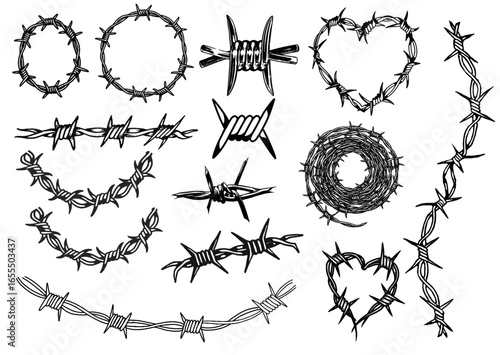 Barbed Wire Collection Vector Set Stencil Black Illustration With Transparent Background. Great for Print, Tattoo Flash