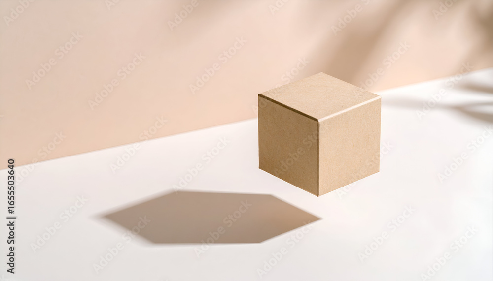 Fototapeta premium 3D floating cube with brown texture casting shadow.