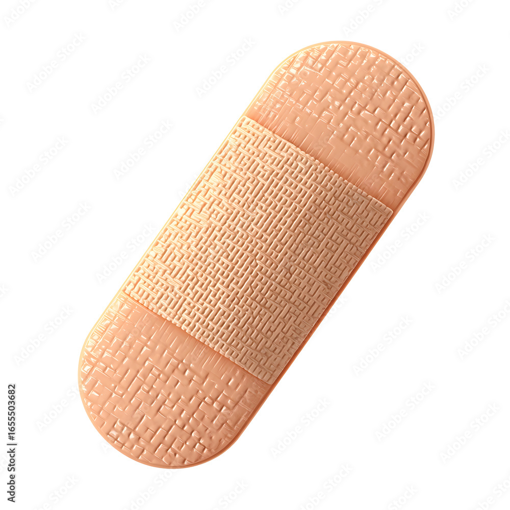 Adhesive bandage with a textured surface and rounded edges angled view. Adhesive bandage with a textured surface and rounded edges angled view.
