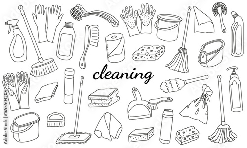 Large Vector Set of Spring Cleaning Items in Doodle Style. Linear Illustration for Various Design.
