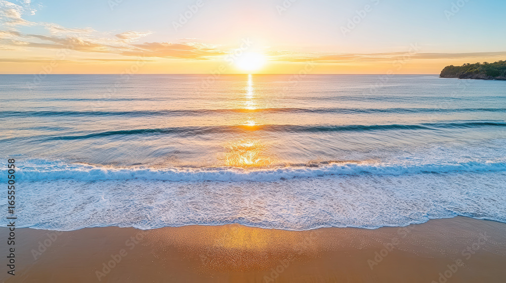 Fototapeta premium Sunset over ocean waves creates serene atmosphere with golden reflections on water