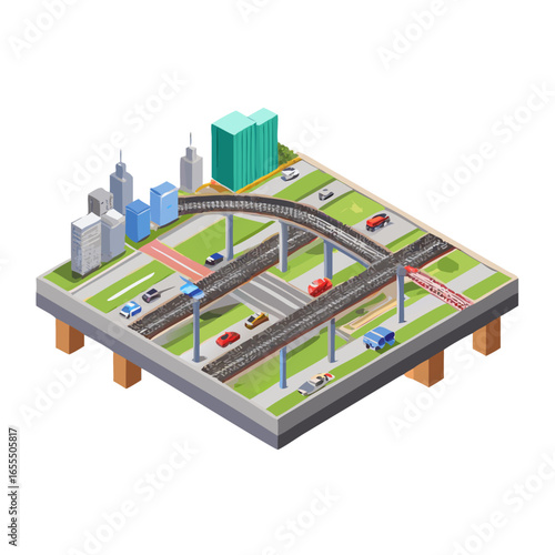 Illustration of a complex highway interchange with multiple overpasses and city skyline in the background