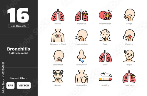 Bronchitis Symptoms Icon Set Collection - Outline Line Art Style. Containing Bronchi, Bronchitis, Cough, Diagnostic, Expectoration, Fatigue, Fever, Vessel Inflammation, Nausea, Runny Nose, Smoking.