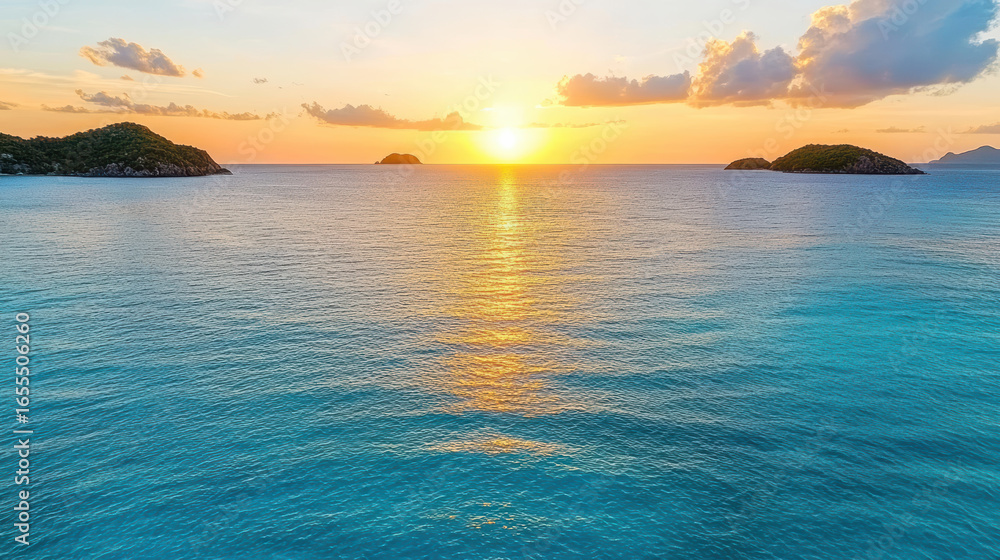Naklejka premium Breathtaking sunset over calm ocean, framed by two islands, creating serene atmosphere