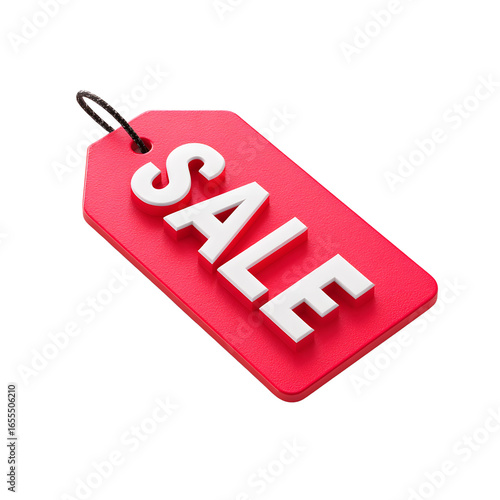Angled red sale tag with bold white lettering and black string.