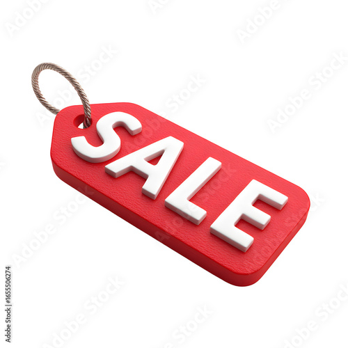 Angled Red Sale Tag with White Letters and Metal Loop Retail Promotion.