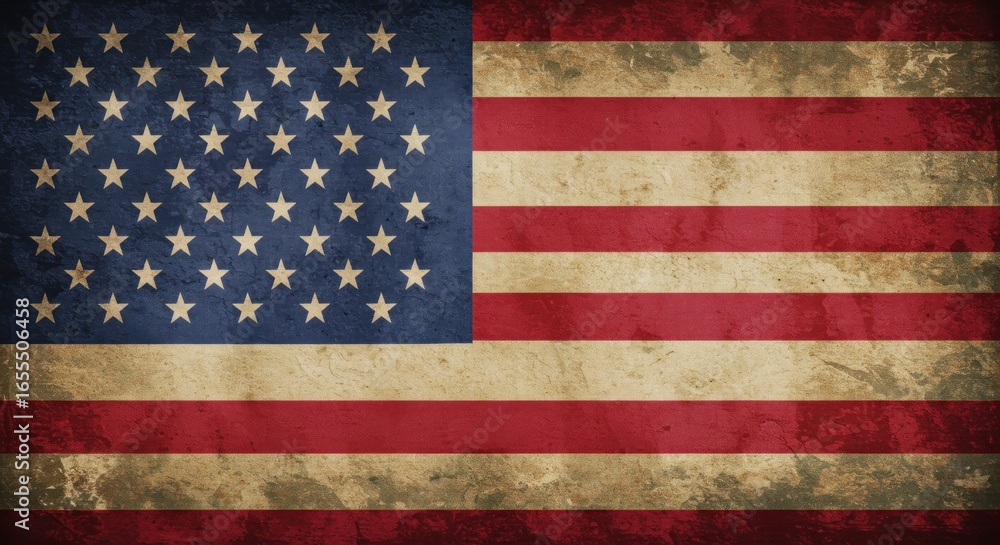 Naklejka premium Aged and weathered American flag, showing patriotism and time's passage.