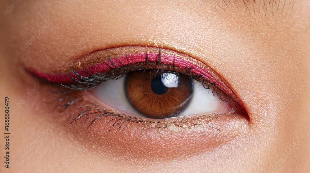 Fototapeta premium Burgundy winged reverse eyeliner with gold eyeshadow beauty eye makeup closeup macro highlight innercorner cool light neutral copyspace