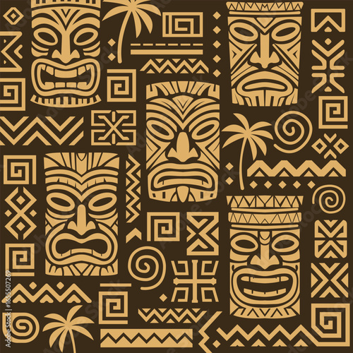 Seamless tribal tiki mask pattern with ethnic symbols and palm trees, traditional Polynesian cultural ornament vector design