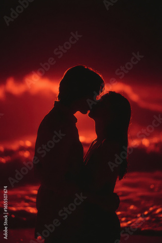 Romantic couple silhouette kissing by the ocean at sunset with dramatic red sky
