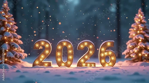 Illuminated 2026 holiday scene with glowing numbers, snow-covered Christmas trees, falling snowflakes, and forest background

